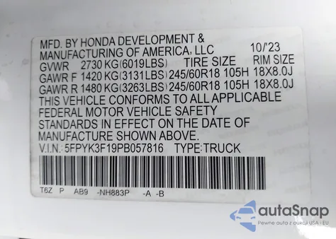 2023 Honda Ridgeline Sport из США, поврежденный, VIN 5FPYK3F19PB057816